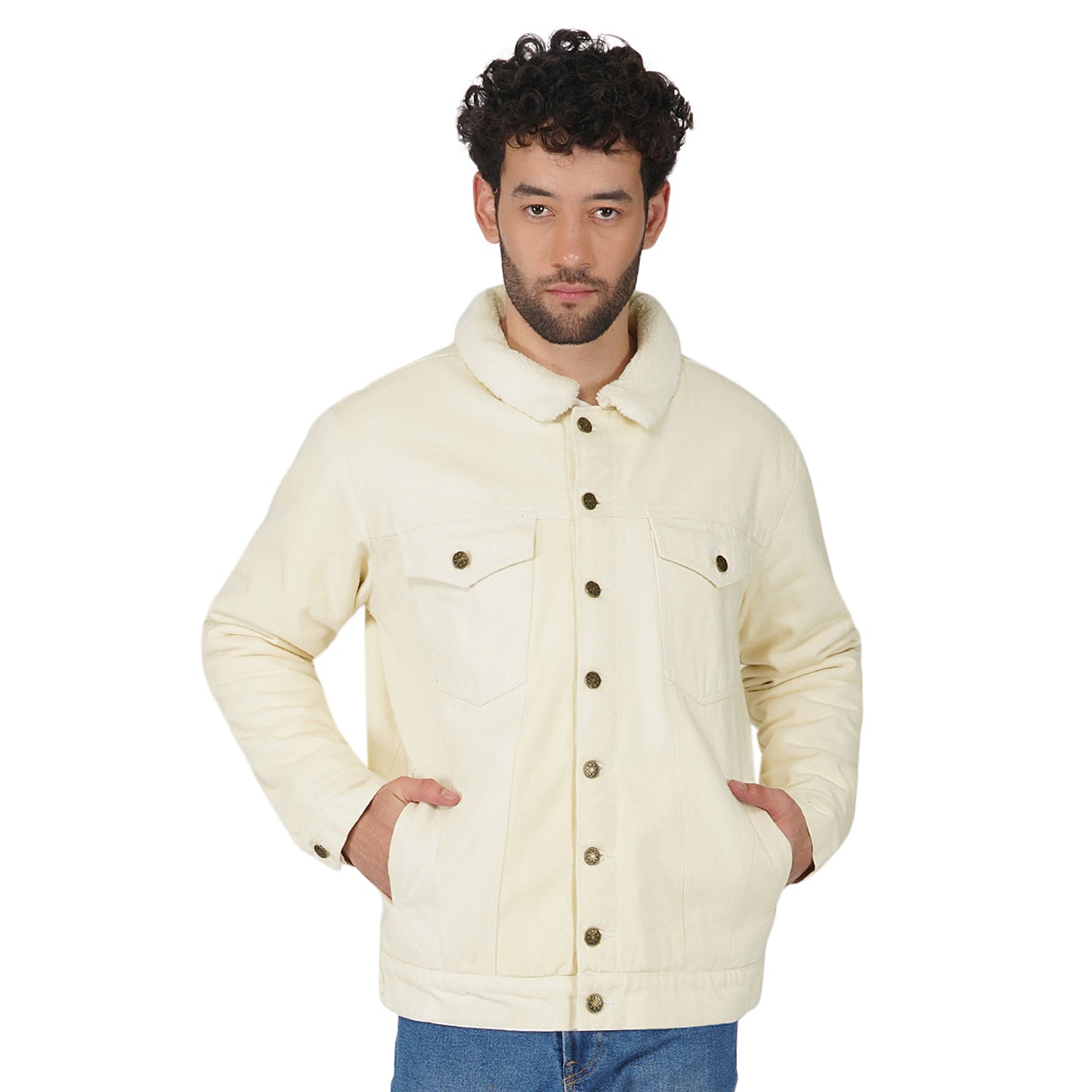 SLAY. Men's Full Sleeves Off-white Solid Button-Down Denim Jacket with Faux-fur Lining-clothing-to-slay.myshopify.com-Jacket