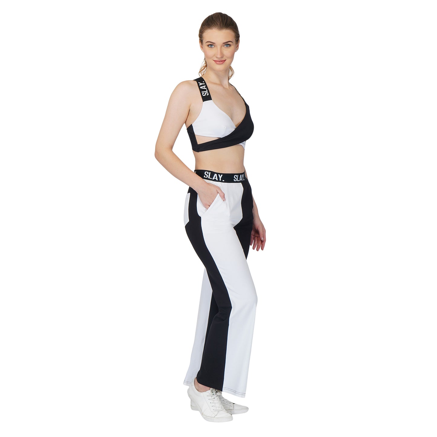SLAY. Sport Women's Black & White Colorblock Bikini Crop Top & Pants Co-ord Set