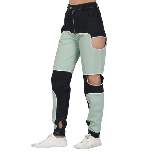 SLAY. Women's Green & Black Colorblock Denim Jeans & Crop Top Co-ord Set