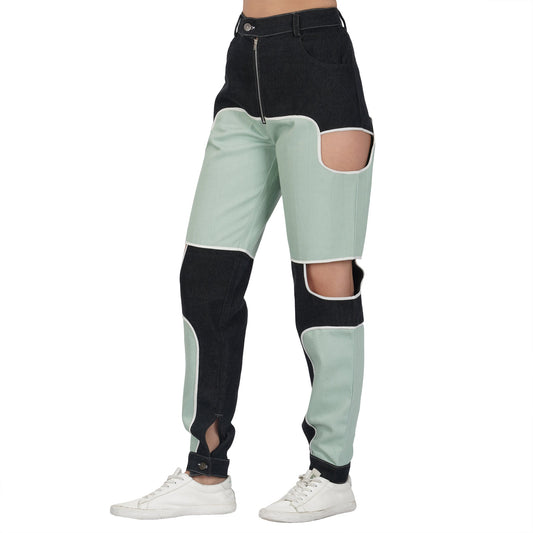 SLAY. Women's Bad Girl Teal & Black Colorblock Denim Jeans
