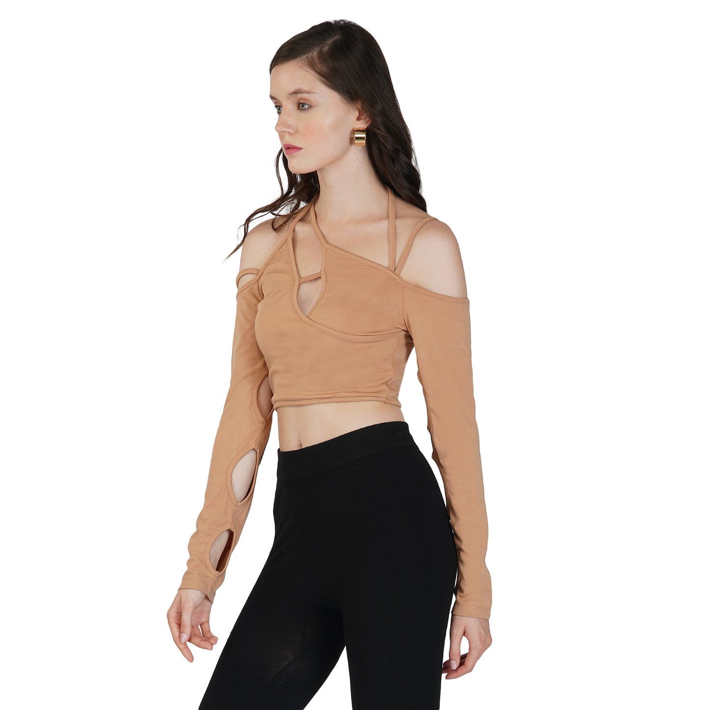SLAY. Women's Cutout Long Sleeve Asymmetrical Crop Top Beige