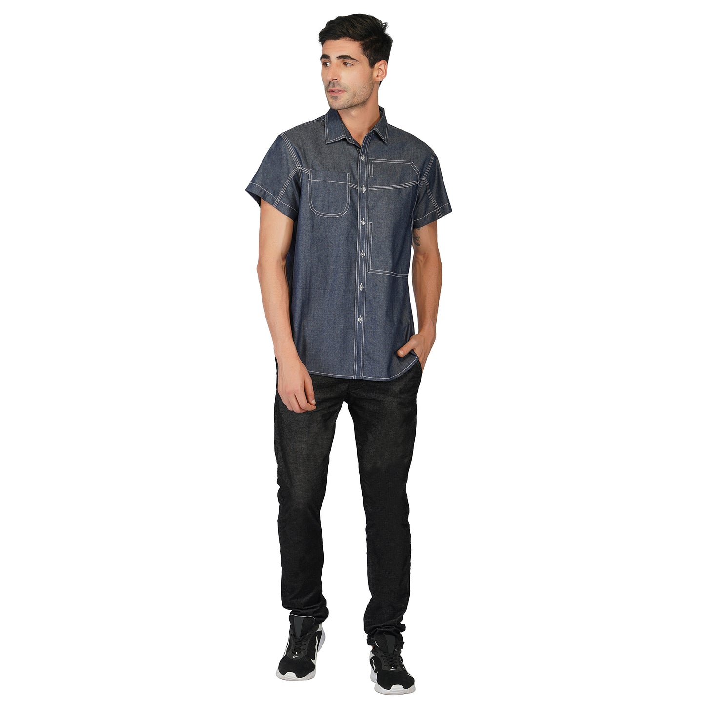 SLAY. Men's Half Sleeves Abstract Stitch Designer Denim Shirt