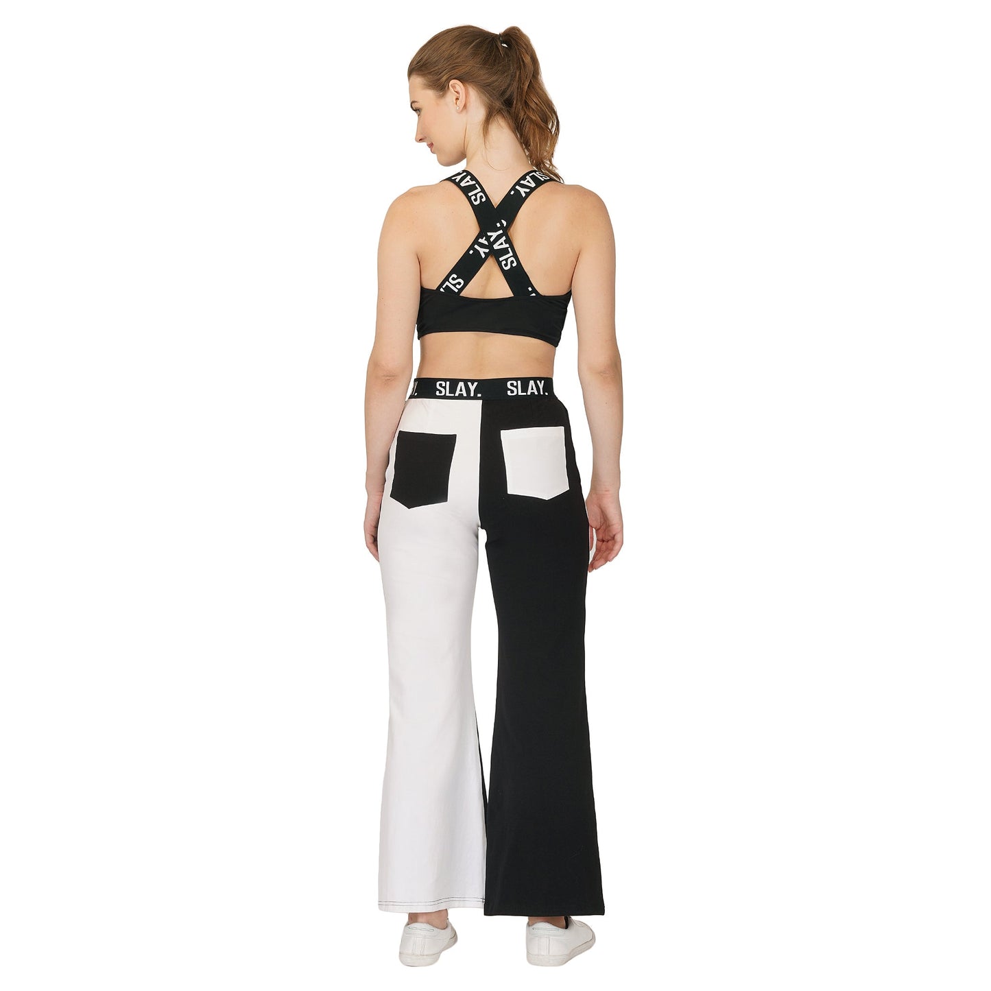 SLAY. Sport Women's Black White Colorblock Crop Top & Pants Co-ord Set