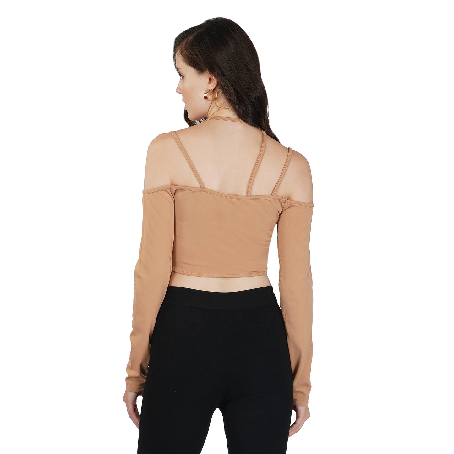 SLAY. Women's Cutout Long Sleeve Asymmetrical Crop Top Beige