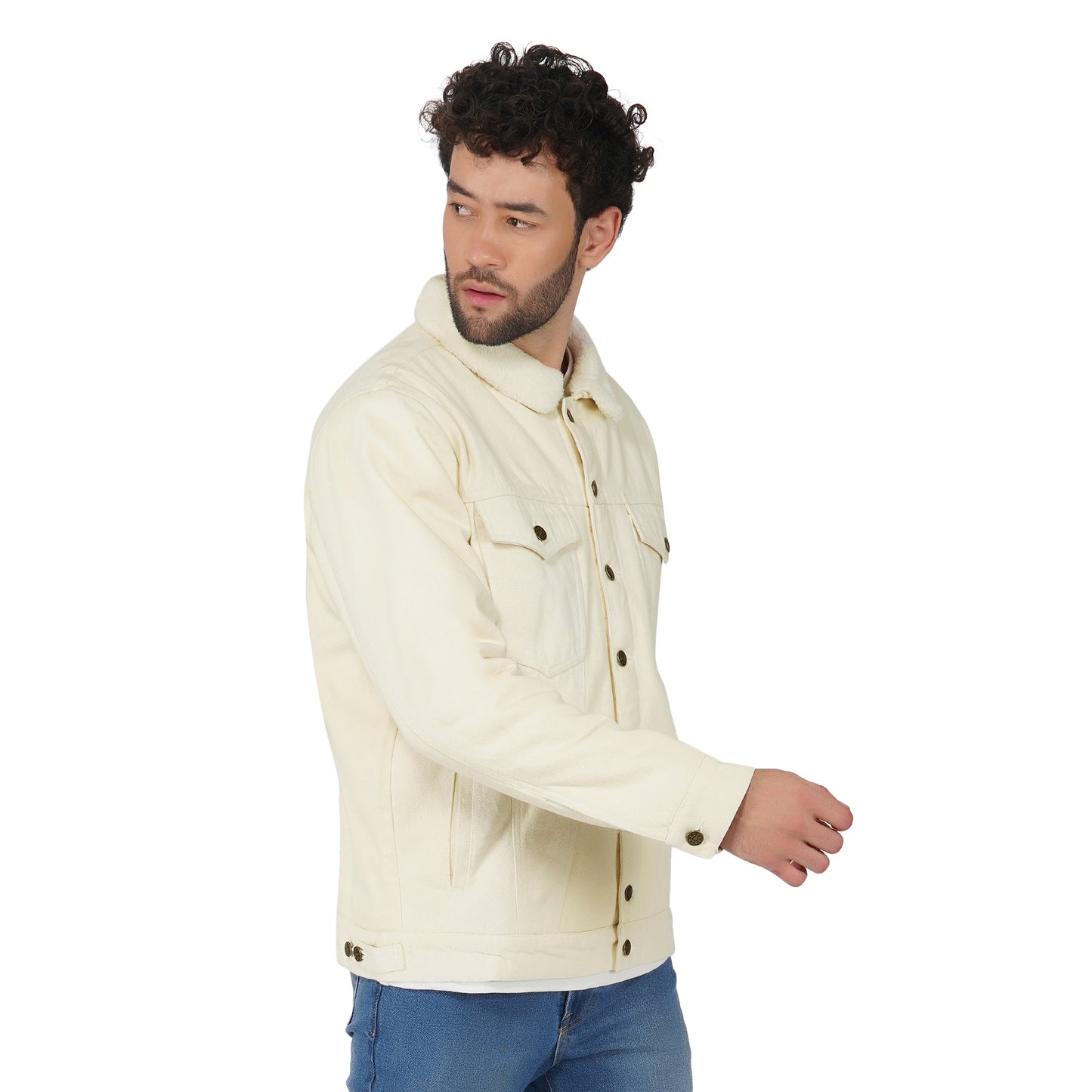 SLAY. Men's Full Sleeves Off-white Solid Button-Down Denim Jacket with Faux-fur Lining-clothing-to-slay.myshopify.com-Jacket