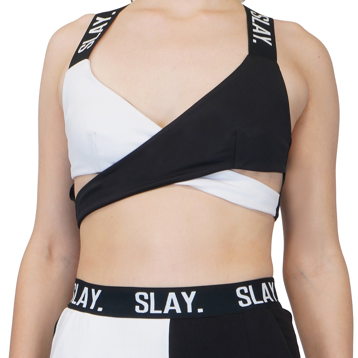 SLAY. Sport Women's Black & White Colorblock Bikini Crop Top & Pants Co-ord Set