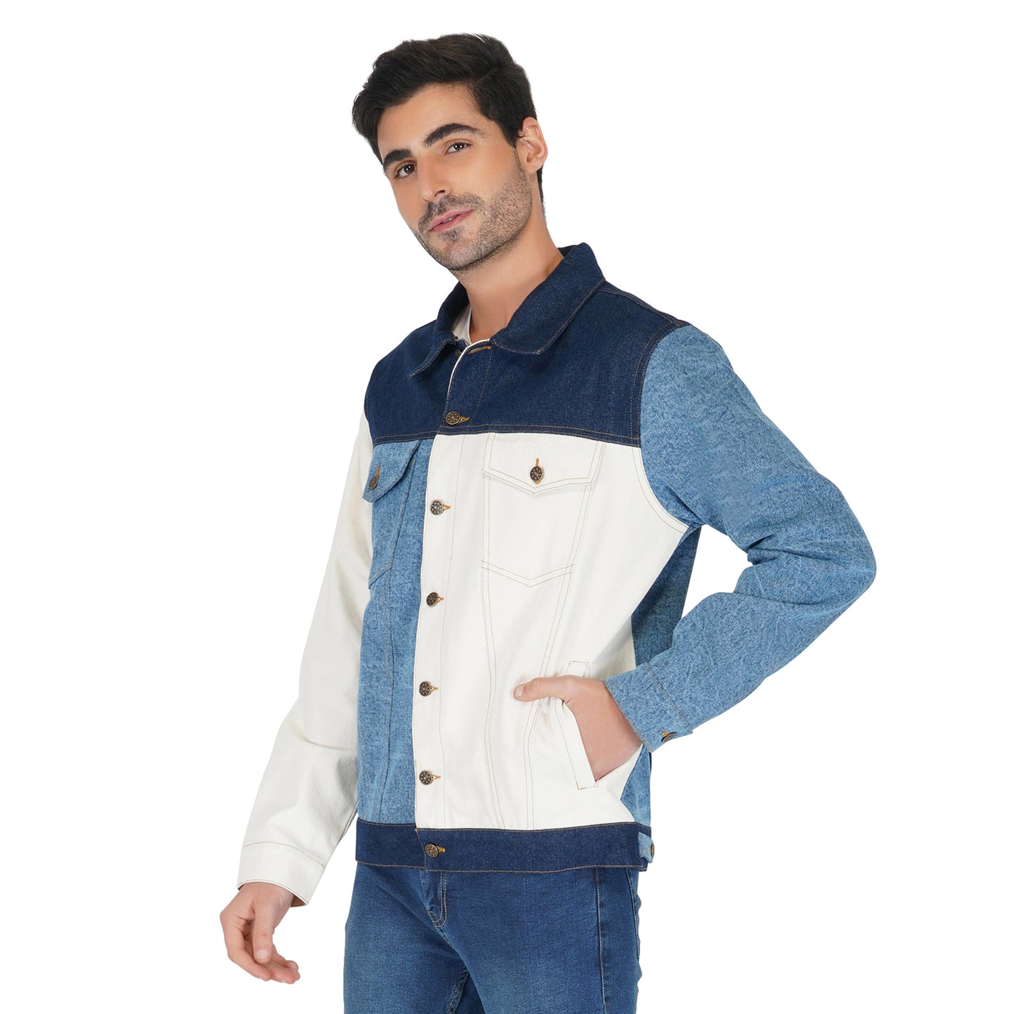 SLAY. Men's Full Sleeves Colorblock Denim Jacket