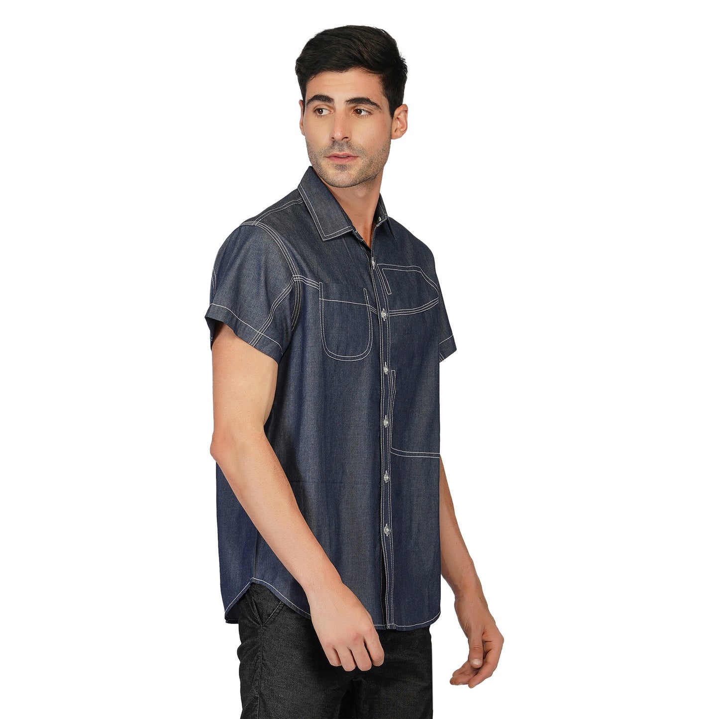 SLAY. Men's Half Sleeves Abstract Stitch Designer Denim Shirt