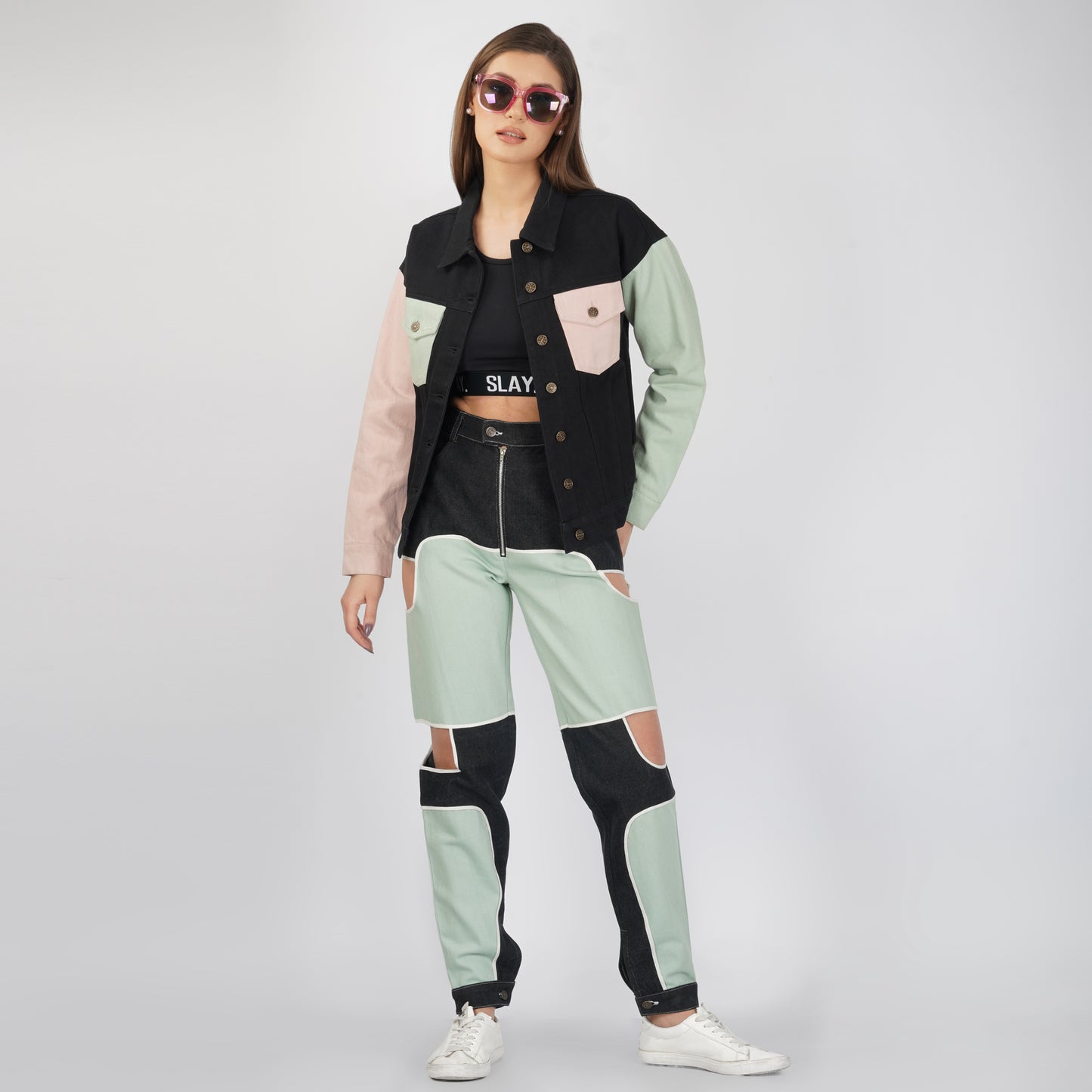 SLAY. Women's Flap Pocket Colorblock Denim Jacket & Jeans Co-ord Set