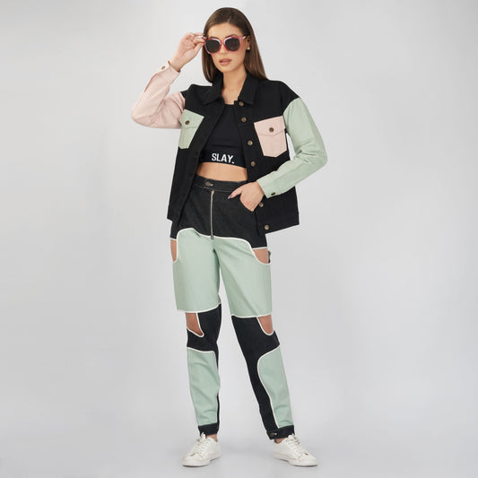 SLAY. Women's Flap Pocket Colorblock Denim Jacket Crop Top & Jeans Co-ord Set(3 Piece
