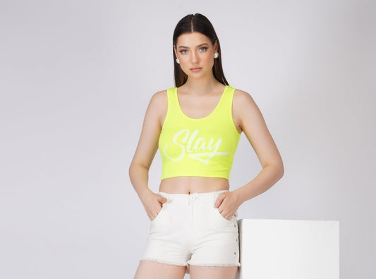 SLAY. Women's Neon Green Printed Crop Top