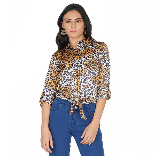 SLAY. Women's Animal Print Shirt with Front Tie Knot & Roll Up Sleeves-clothing-to-slay.myshopify.com-Leopard Print Shirt