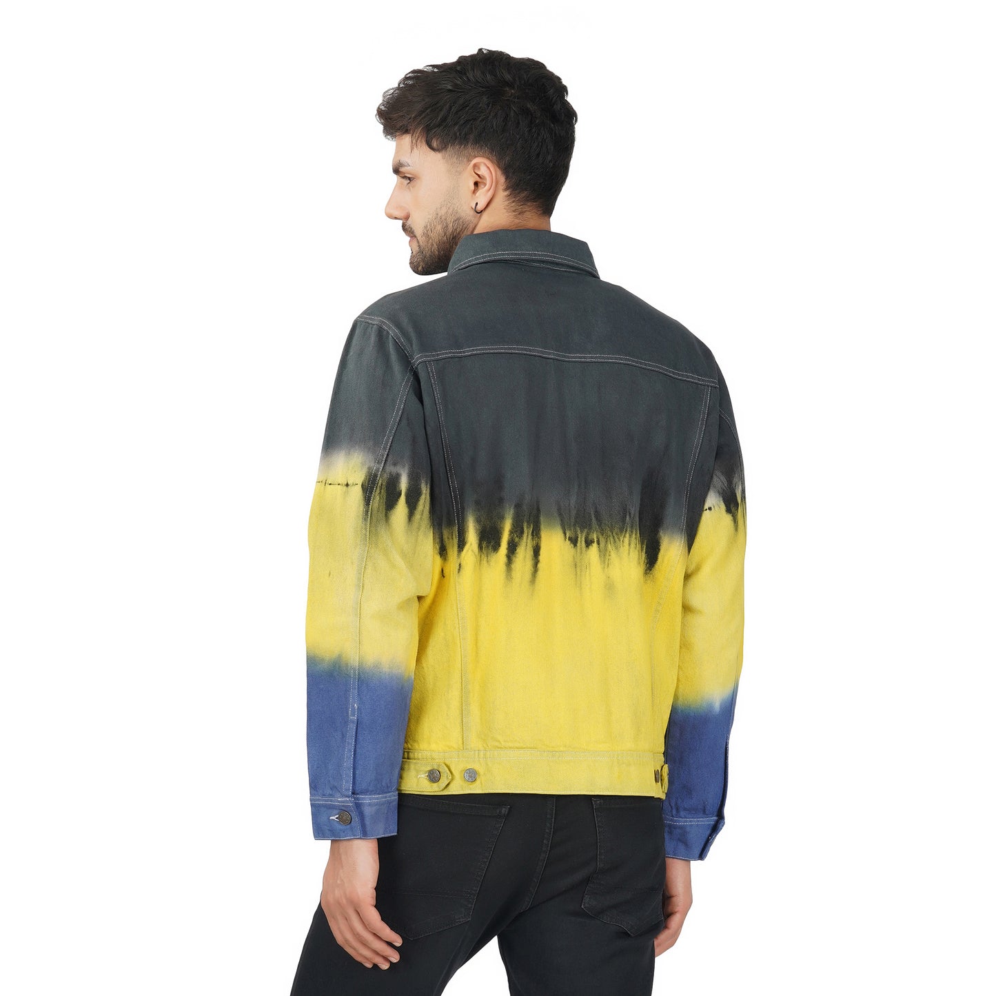 SLAY. Men's Black Yellow Blue Tie Dye Button-Down Ripped Denim Jacket