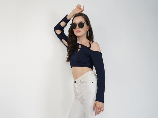 SLAY. Women's Cutout Long Sleeve Asymmetrical Crop Top Navy Blue