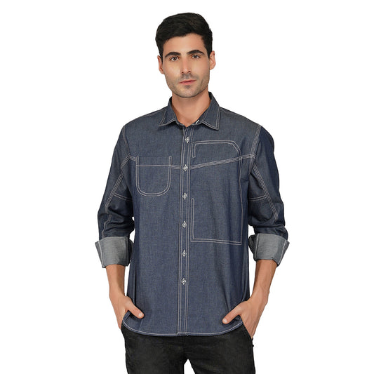 SLAY. Men's Full Sleeves Abstract Stitch Designer Denim Shirt