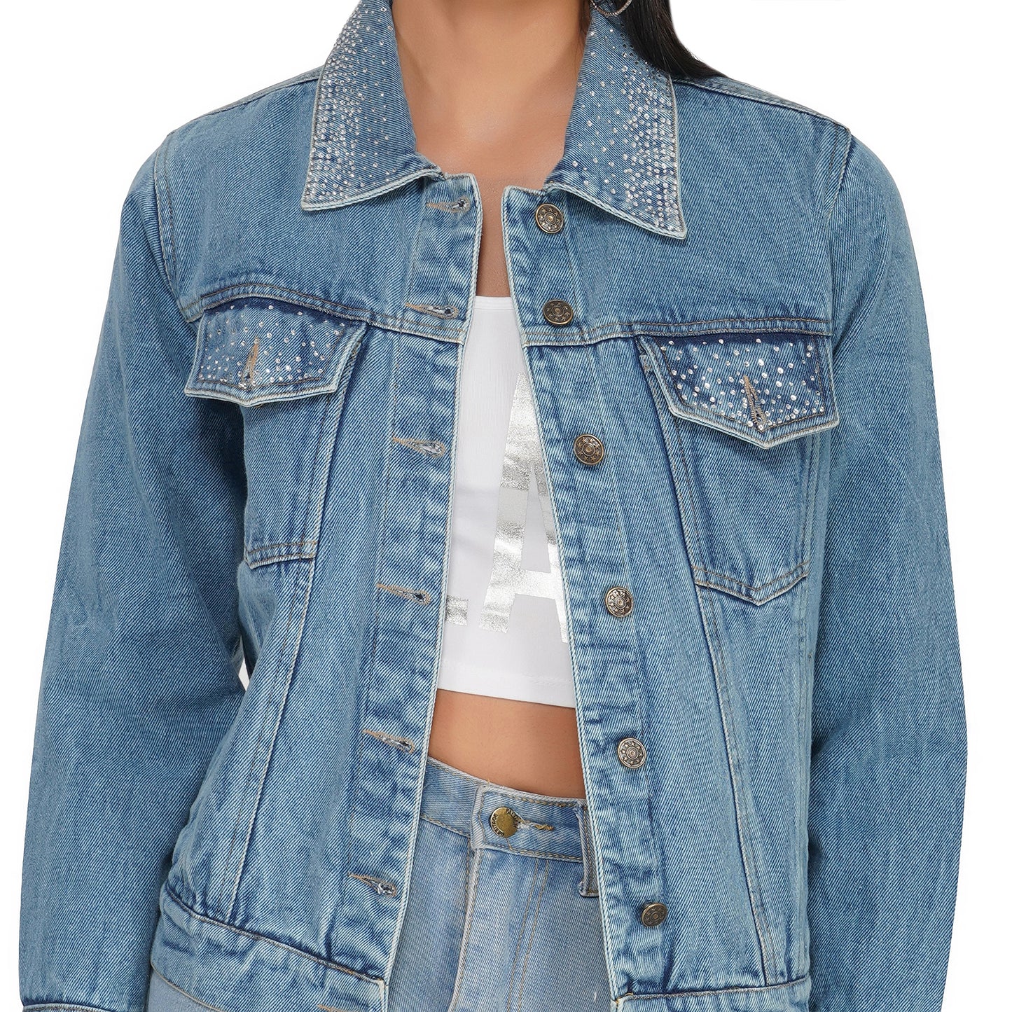 SLAY. Women's Crystal Studded Collar/Sleeve Washed Denim Button-Down Vintage Denim Jacket-clothing-to-slay.myshopify.com-Denim Jacket