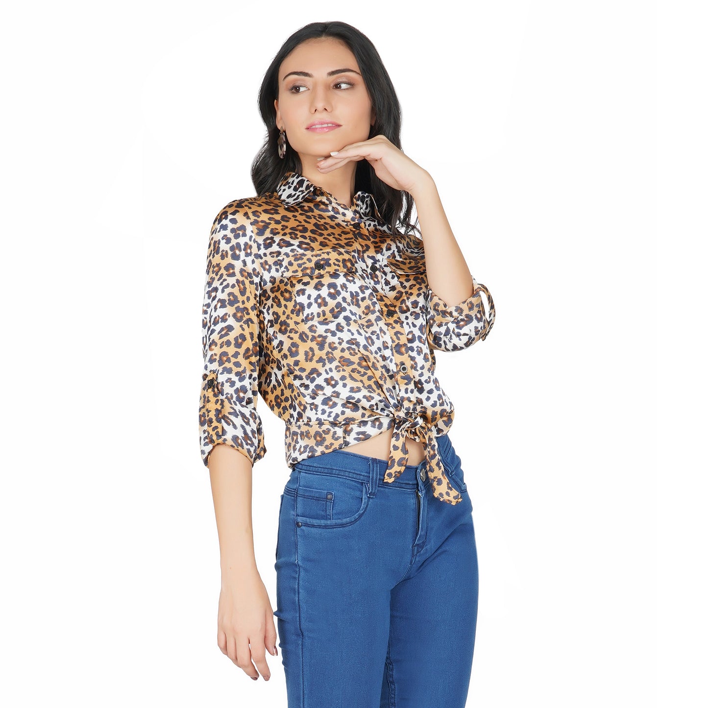 SLAY. Women's Animal Print Shirt with Front Tie Knot & Roll Up Sleeves-clothing-to-slay.myshopify.com-Leopard Print Shirt