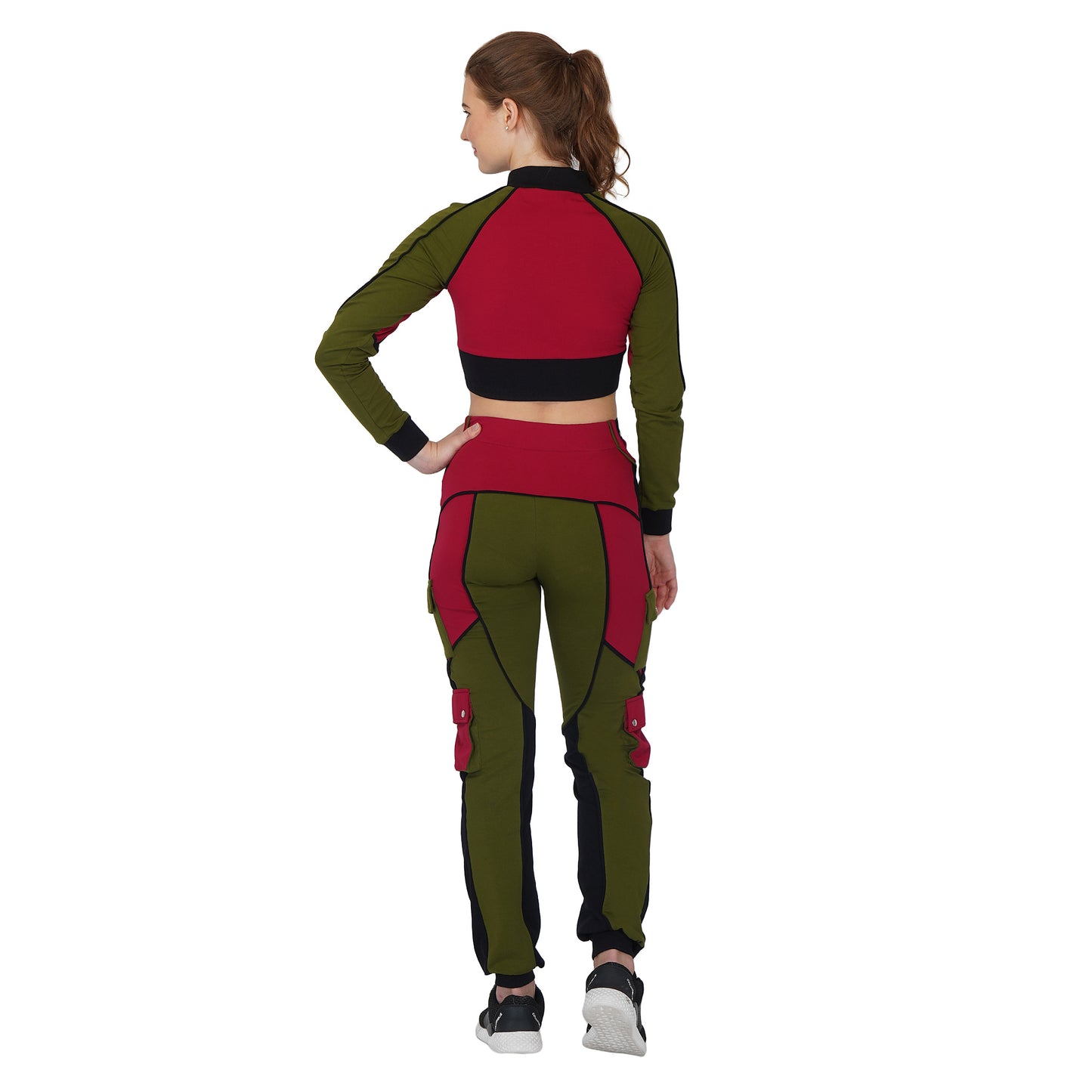 SLAY. Women's Activewear Tracksuit Green Red Black Colorblock Crop Jacket & Cargo Pants Co-ord Set Streetwear