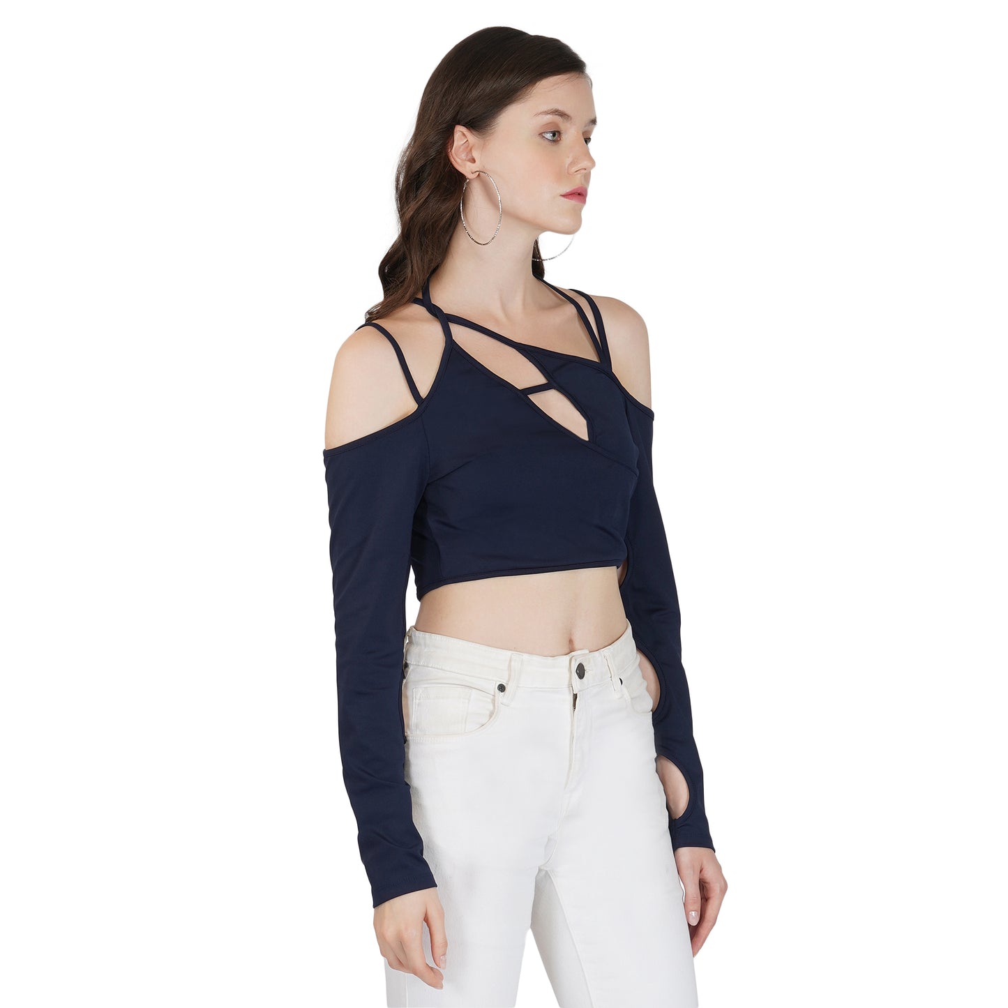 SLAY. Women's Cutout Long Sleeve Asymmetrical Crop Top Navy Blue