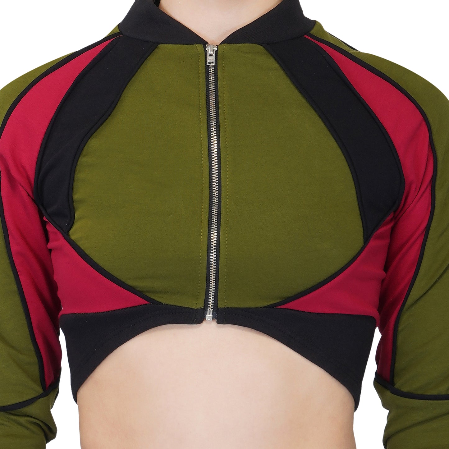 SLAY. Women's Activewear Tracksuit Green Red Black Colorblock Crop Jacket & Cargo Pants Co-ord Set Streetwear