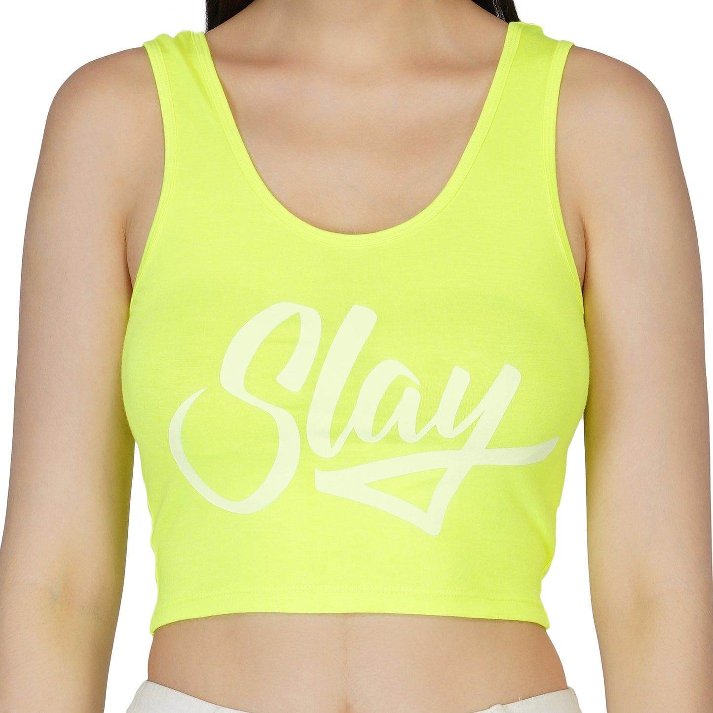 SLAY. Women's Neon Green Printed Crop Top