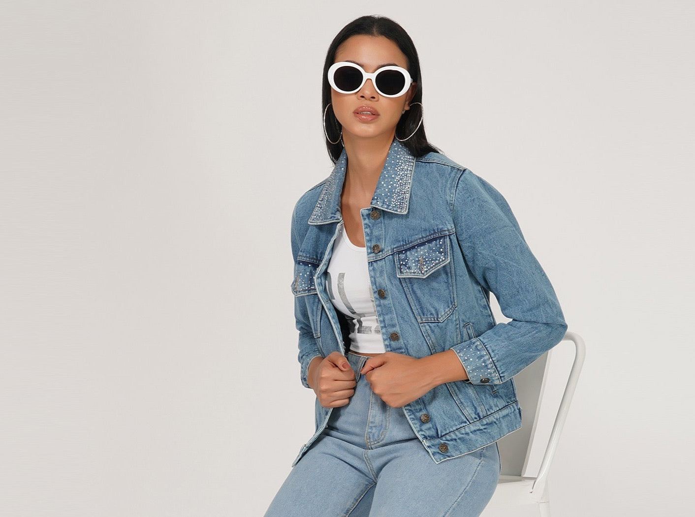 SLAY. Women's Crystal Studded Collar/Sleeve Washed Denim Button-Down Vintage Denim Jacket-clothing-to-slay.myshopify.com-Denim Jacket