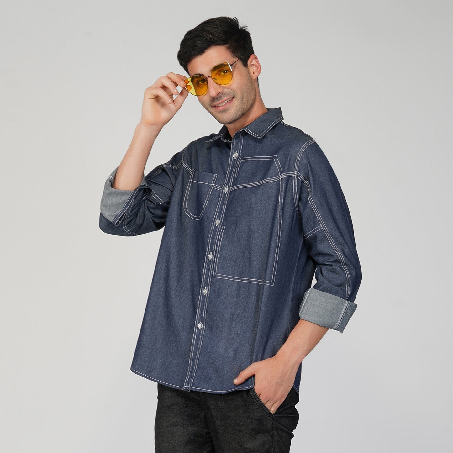 SLAY. Men's Full Sleeves Abstract Stitch Designer Denim Shirt