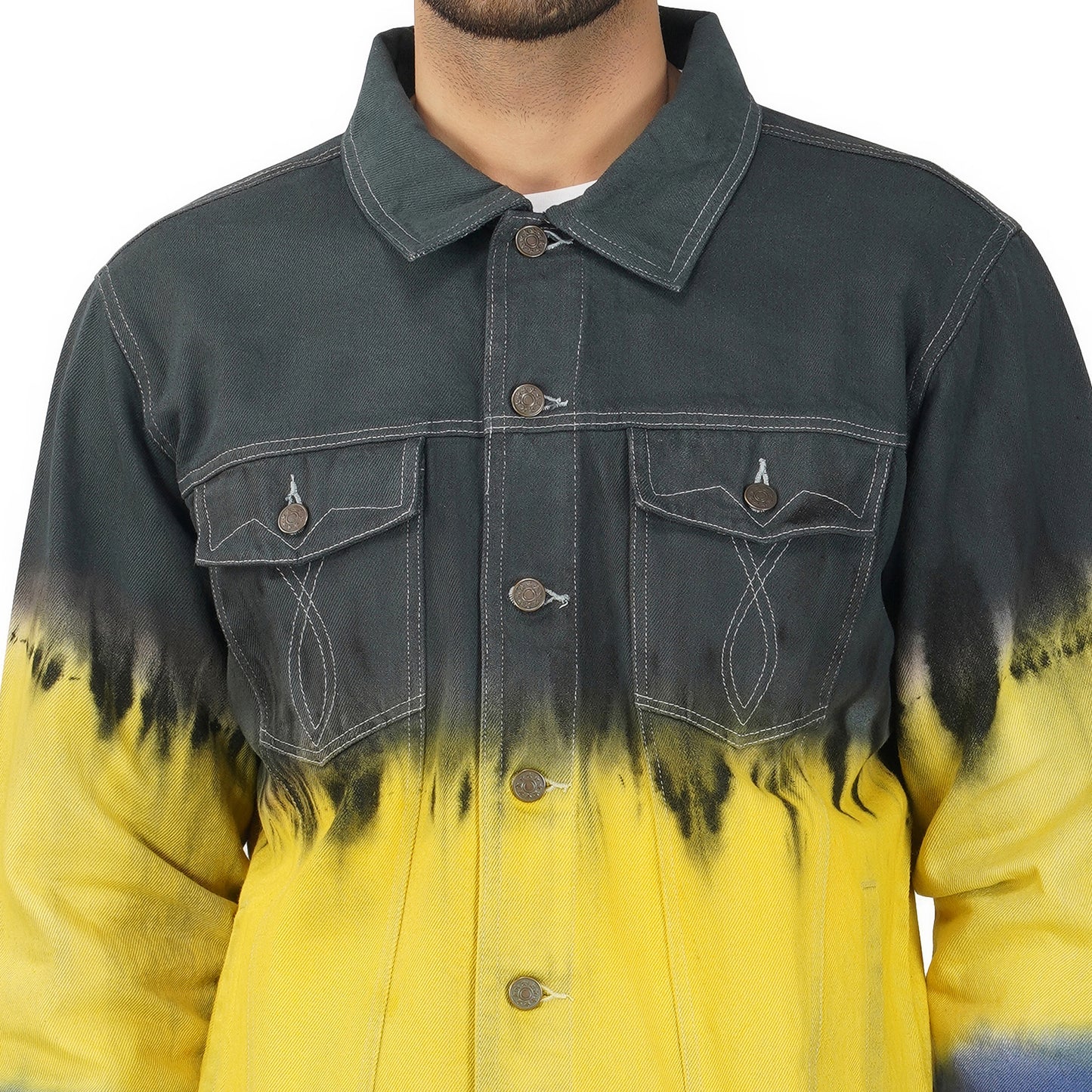 SLAY. Men's Black Yellow Blue Tie Dye Button-Down Ripped Denim Jacket