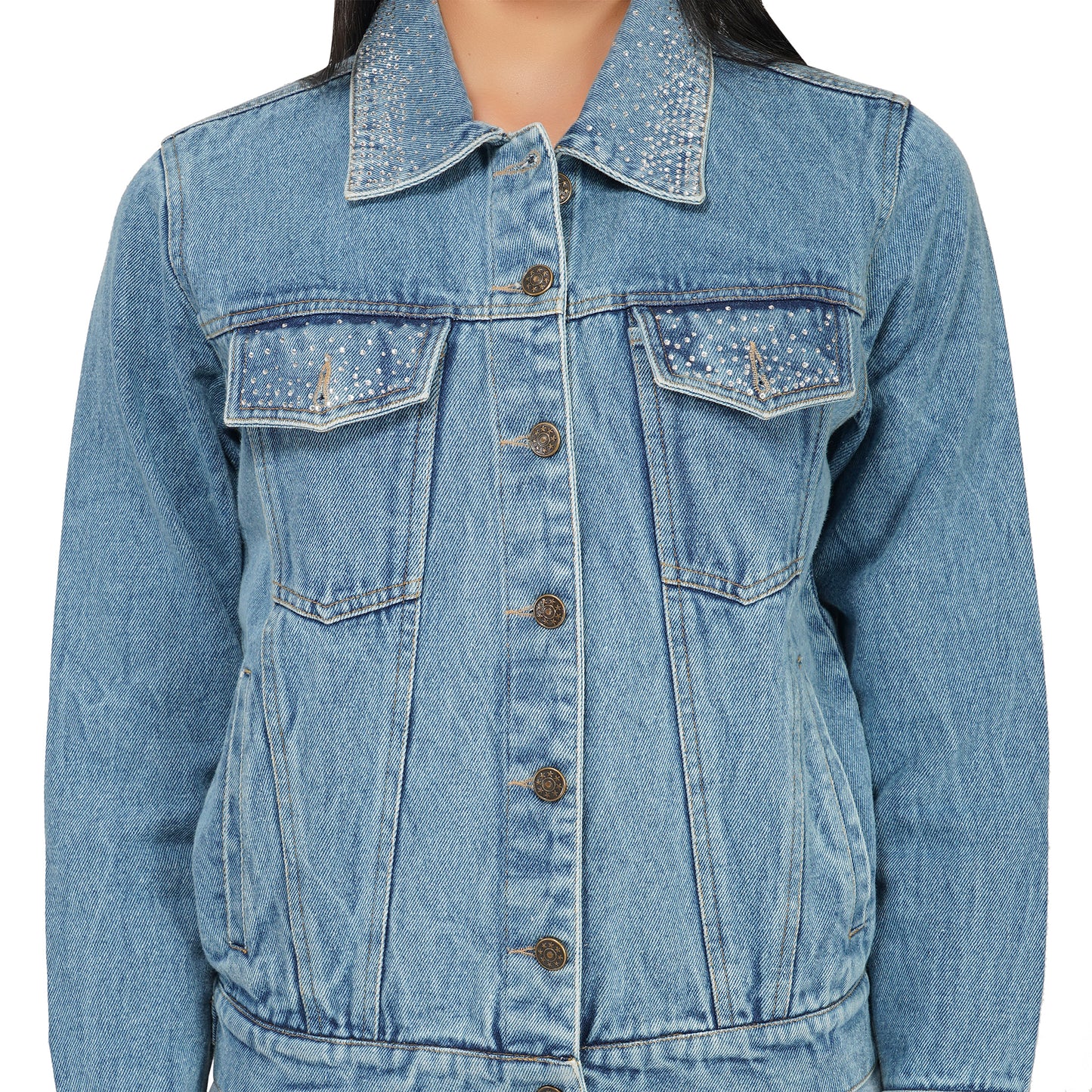 SLAY. Women's Crystal Studded Collar/Sleeve Washed Denim Button-Down Vintage Denim Jacket-clothing-to-slay.myshopify.com-Denim Jacket
