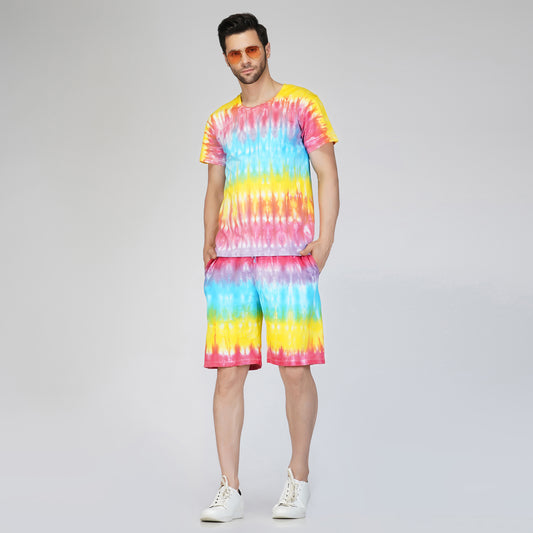 SLAY. Men's Rainbow Tie Dye T shirt & Shorts Co-ord Set
