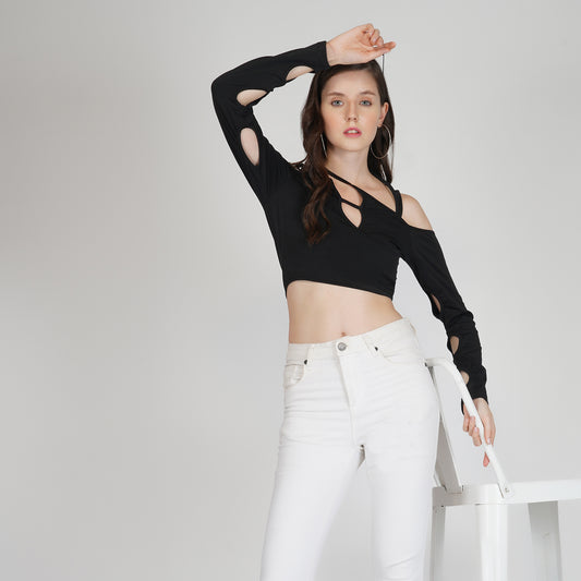 SLAY. Women's Cutout Long Sleeve Asymmetrical Crop Top Black
