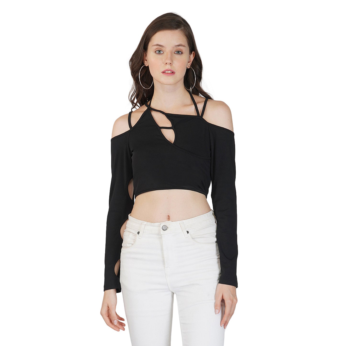 SLAY. Women's Cutout Long Sleeve Asymmetrical Crop Top Black
