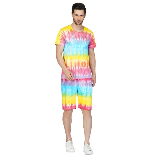 SLAY. Men's Rainbow Tie Dye T shirt & Shorts Co-ord Set
