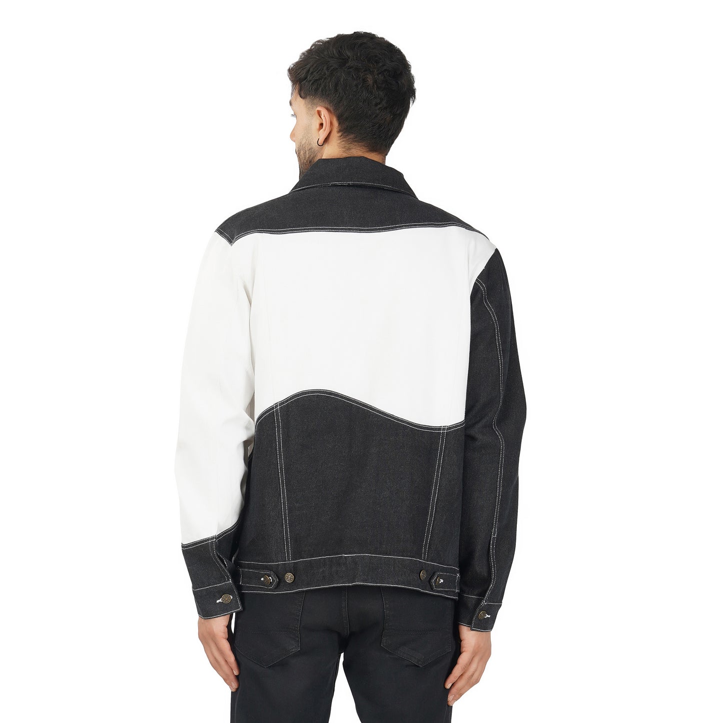 SLAY. Men's Black & White Patched Colorblock Denim Cotton Biker Jacket For Men