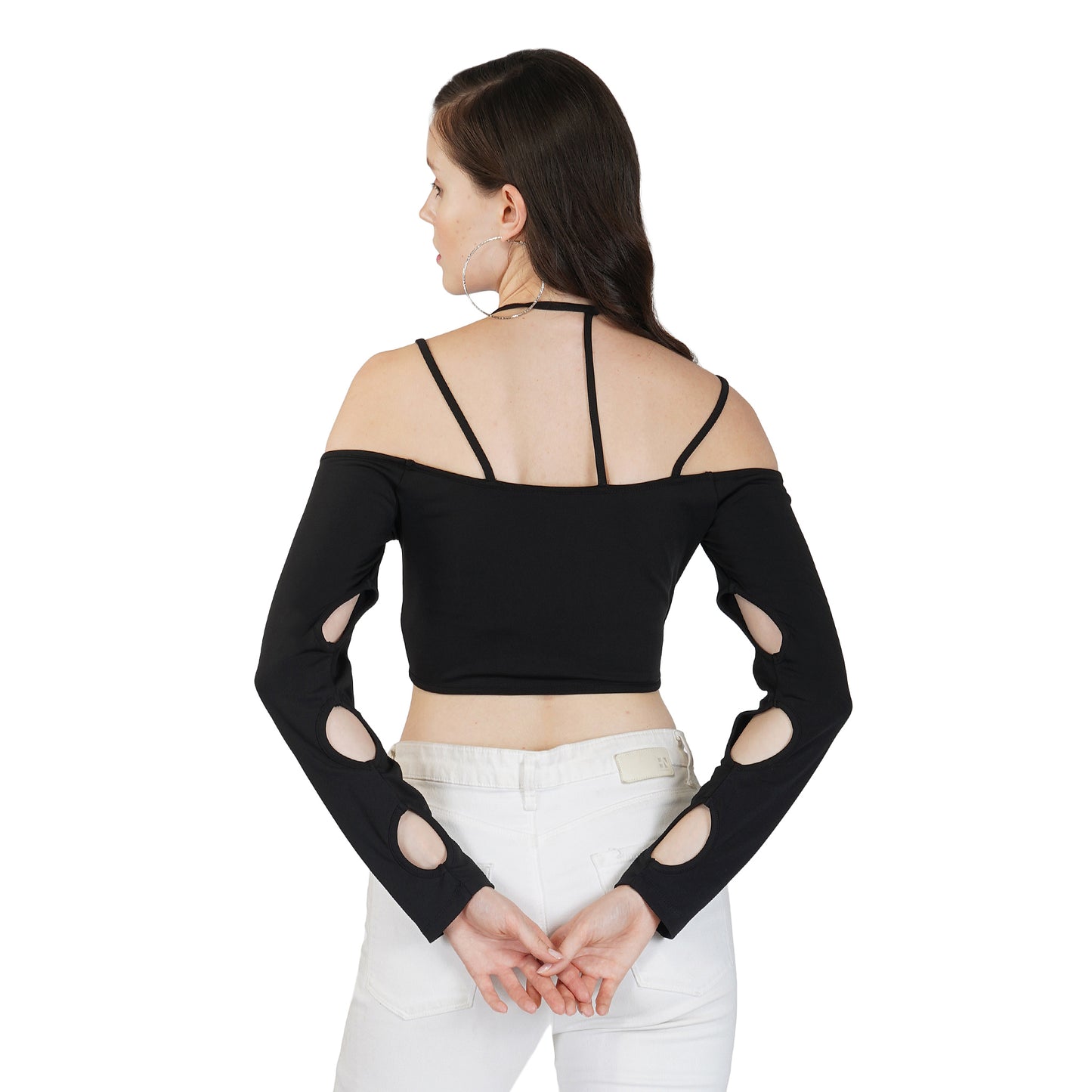 SLAY. Women's Cutout Long Sleeve Asymmetrical Crop Top Black