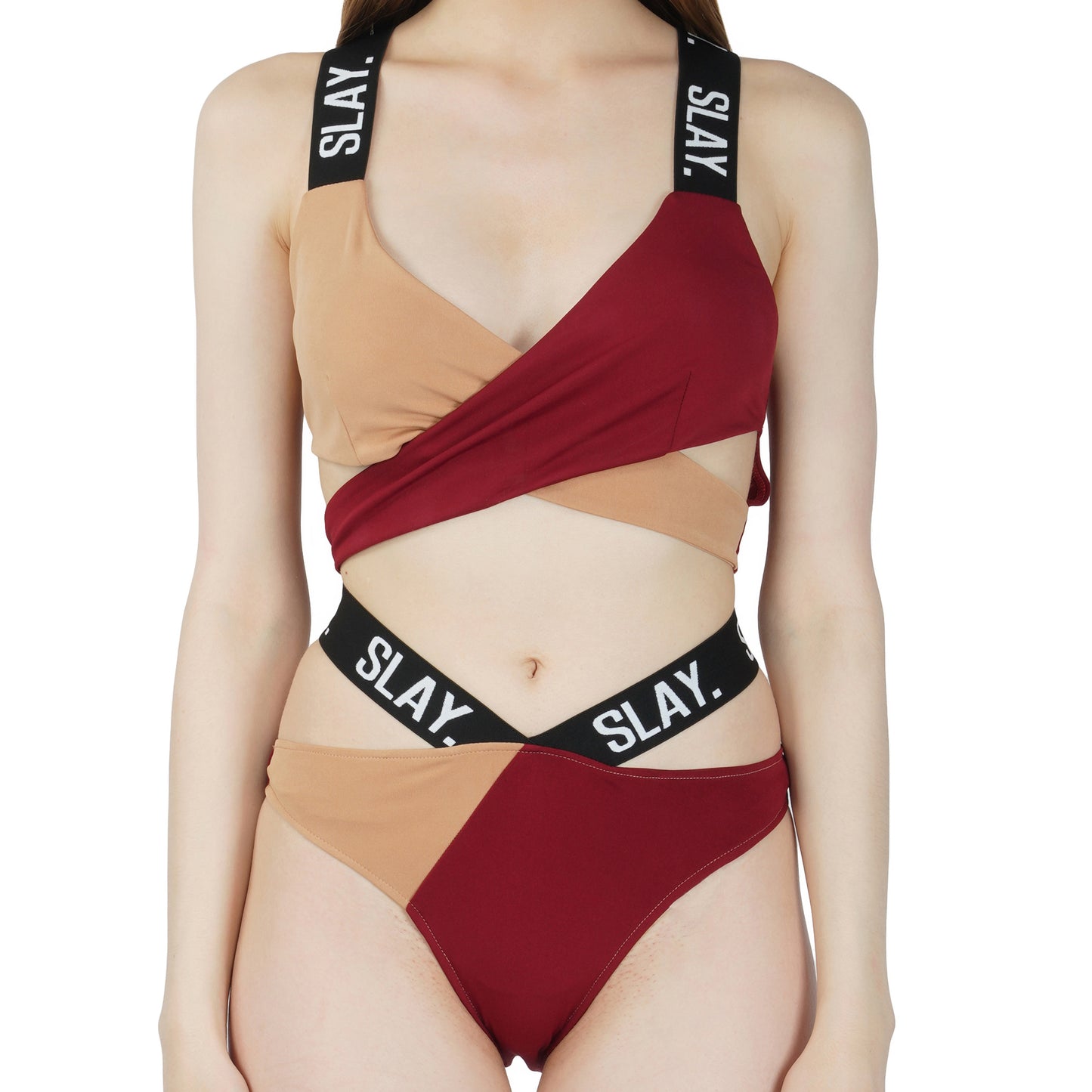 SLAY. Sport Women's Beige & Red Colorblock Bikini Set Swimwear