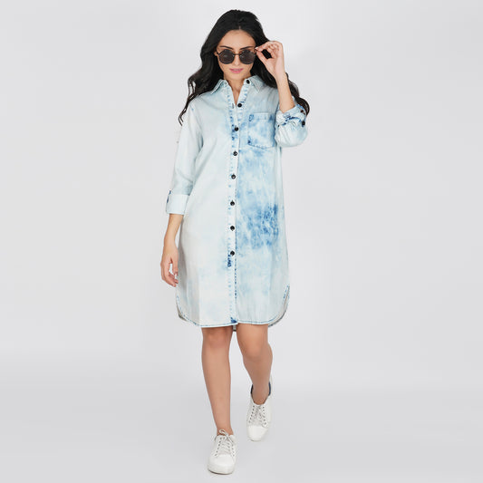 SLAY. Women's Tie Dye Denim Long Shirt with Rollup Sleeves-clothing-to-slay.myshopify.com-Dress