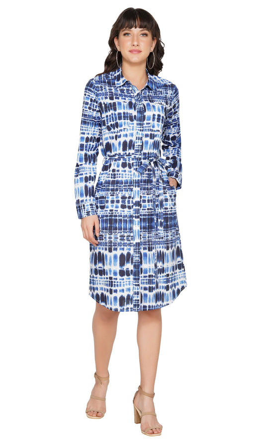 SLAY. Women's Blue Tie-Dye Print Shirt Dress With Roll Up Sleeves-clothing-to-slay.myshopify.com-Shirt Dress