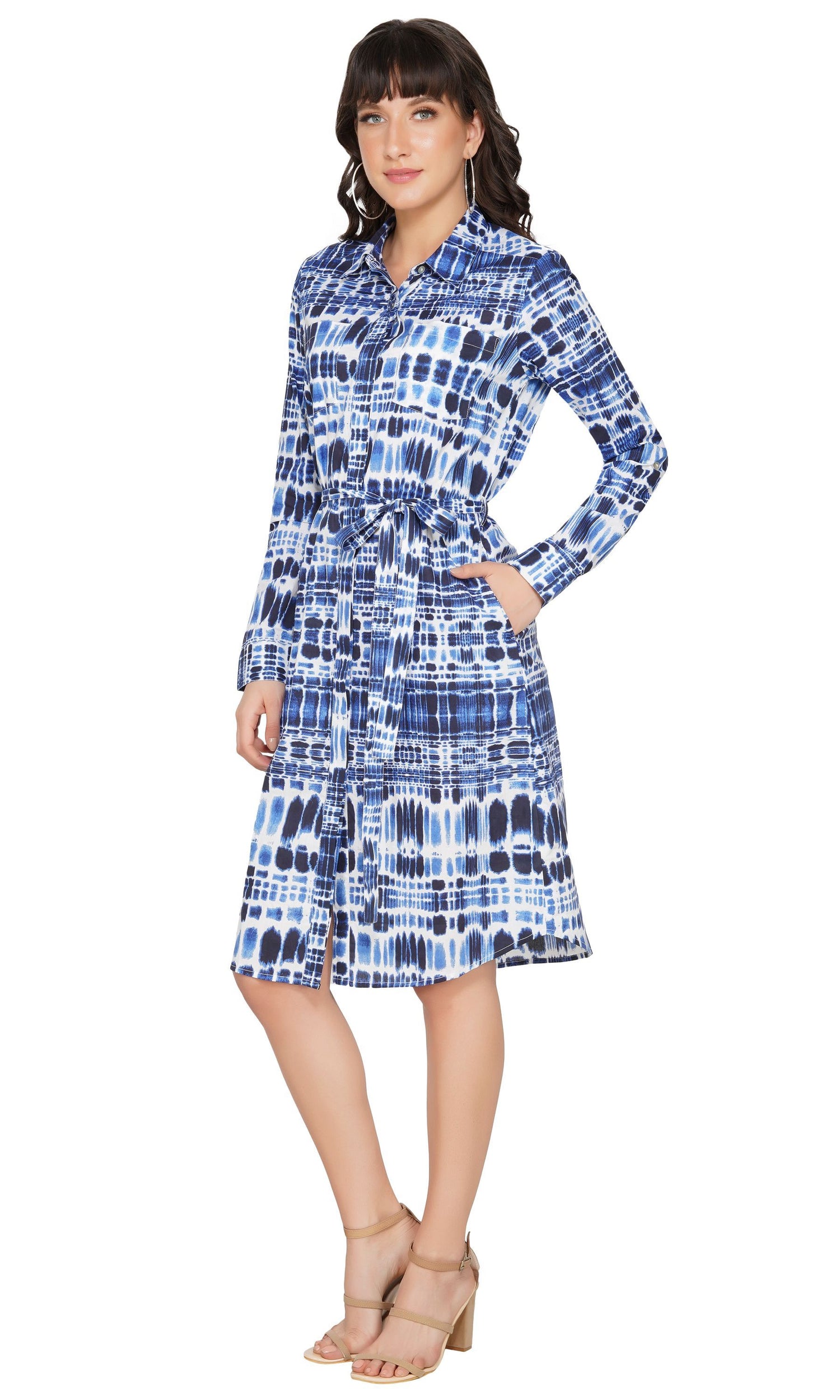 SLAY. Women's Blue Tie-Dye Print Shirt Dress With Roll Up Sleeves-clothing-to-slay.myshopify.com-Shirt Dress