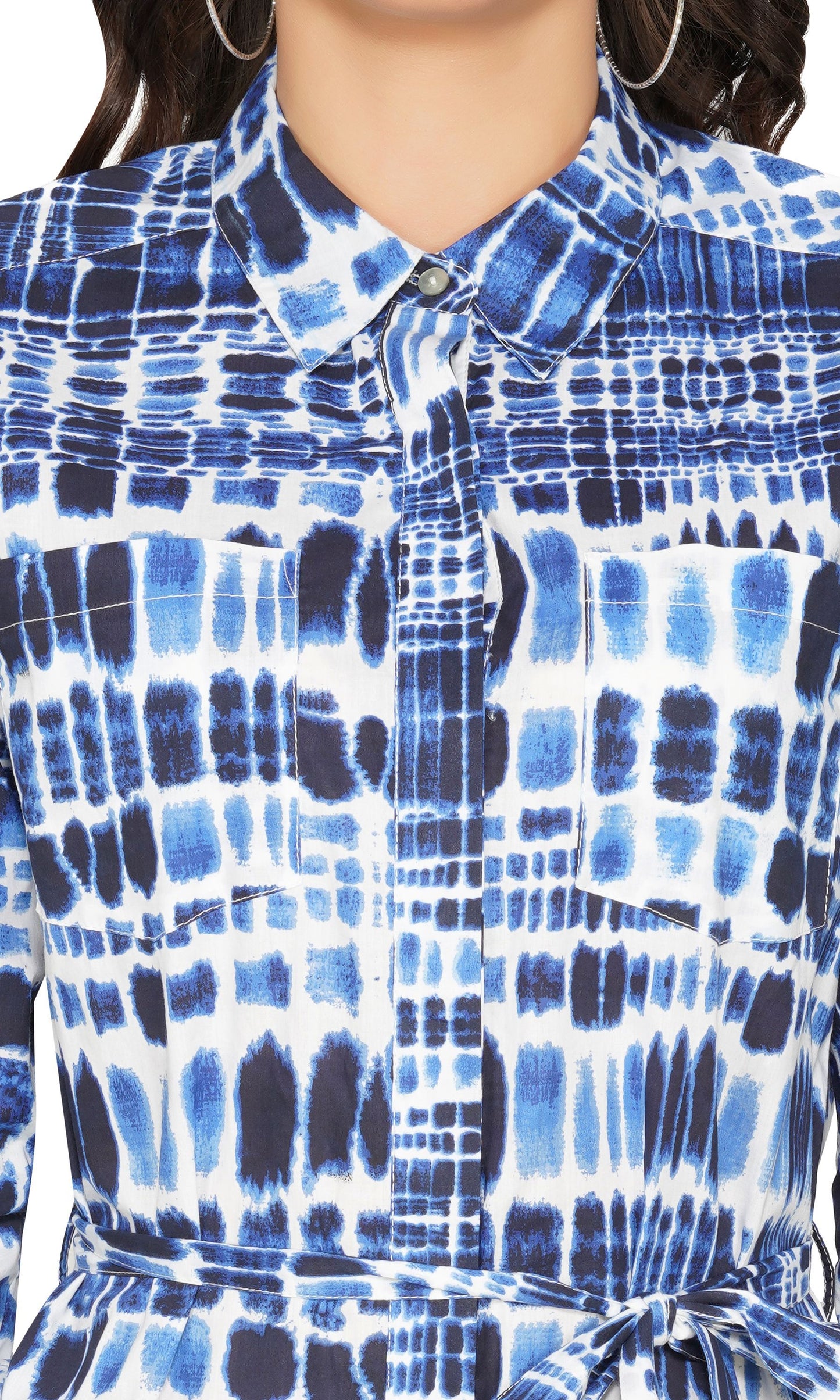 SLAY. Women's Blue Tie-Dye Print Shirt Dress With Roll Up Sleeves-clothing-to-slay.myshopify.com-Shirt Dress