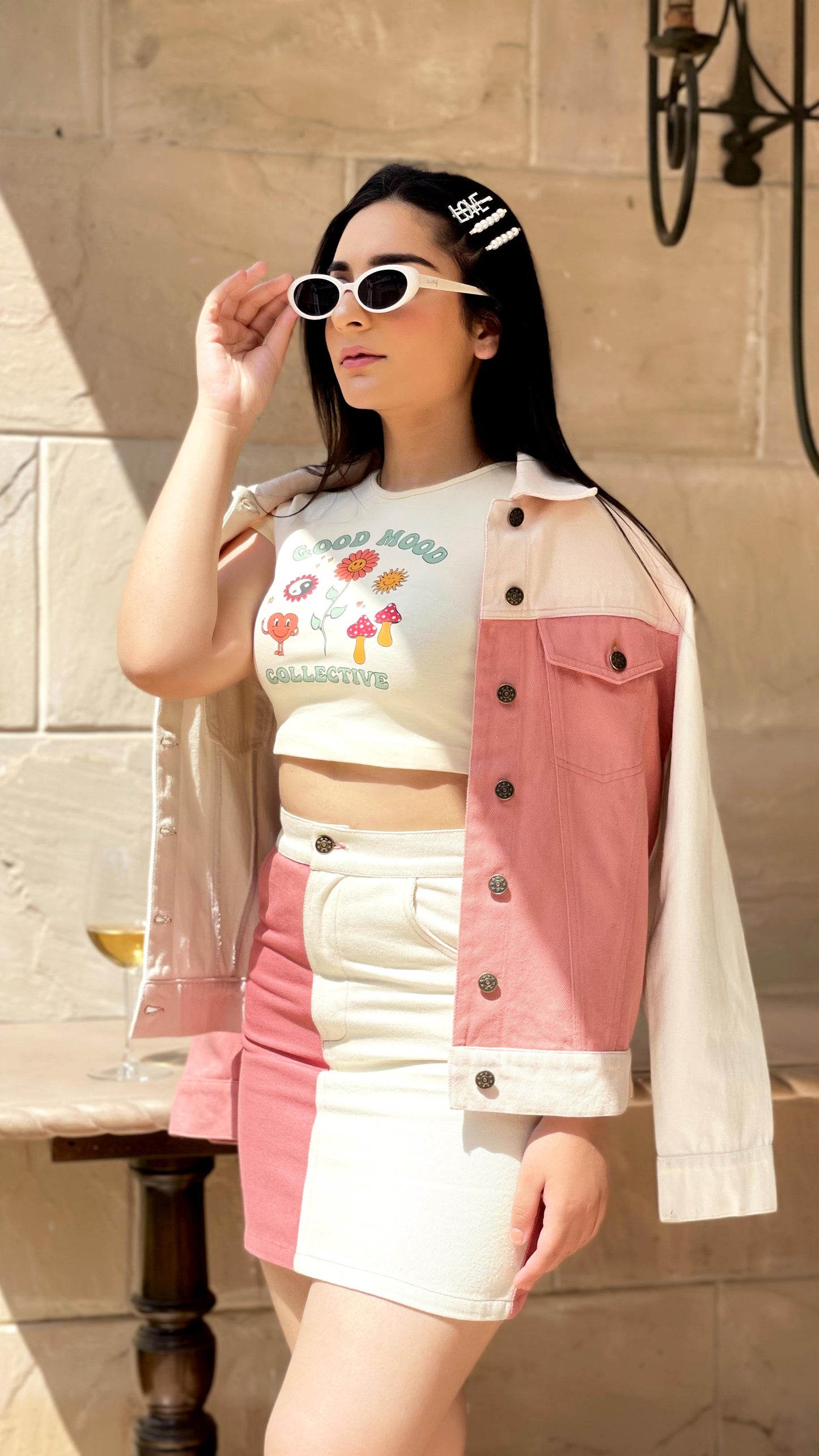 SLAY. Women's Pink & White Colorblock Denim Jacket & Skirt Co-ord Set