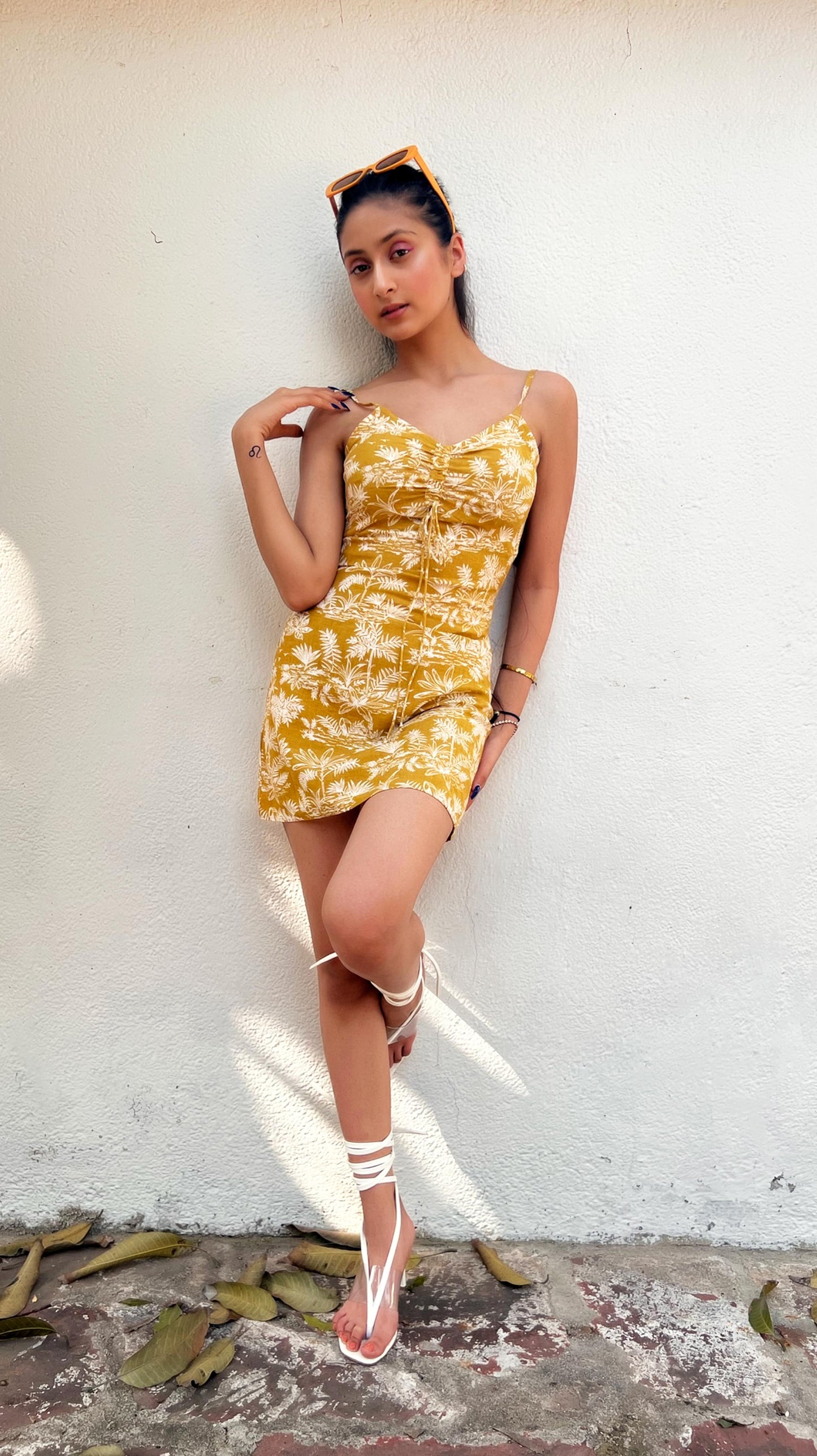 SLAY. Women's Yellow Floral Print Linen Mini Dress