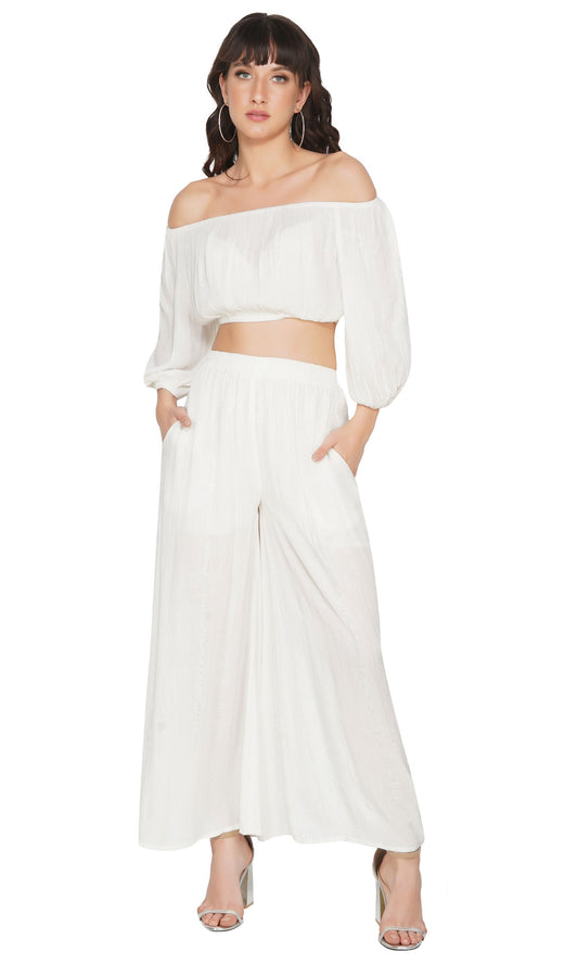 SLAY. Women's White Lurex Off Shoulder Strapless Crop Top With Palazzo Co-ord Set-clothing-to-slay.myshopify.com-Off Shoulder Crop Top With Palazzo Set