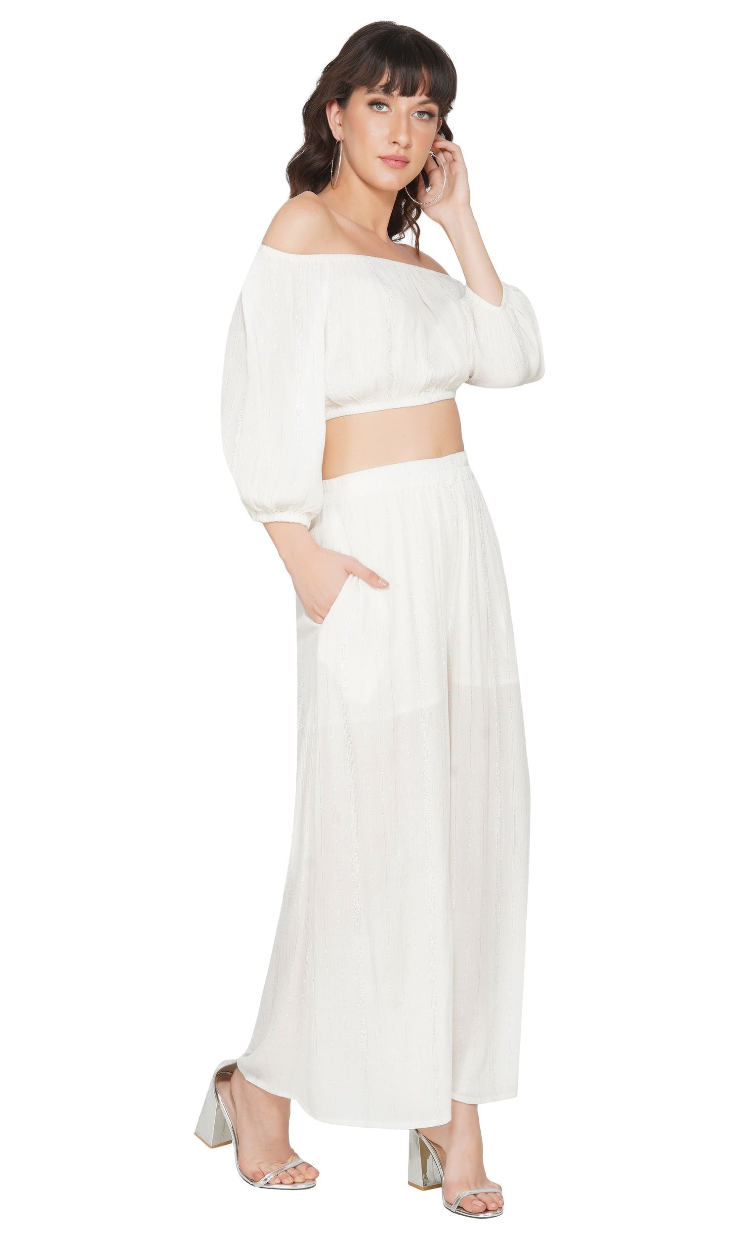 SLAY. Women's White Lurex Off Shoulder Strapless Crop Top With Palazzo Co-ord Set-clothing-to-slay.myshopify.com-Off Shoulder Crop Top With Palazzo Set