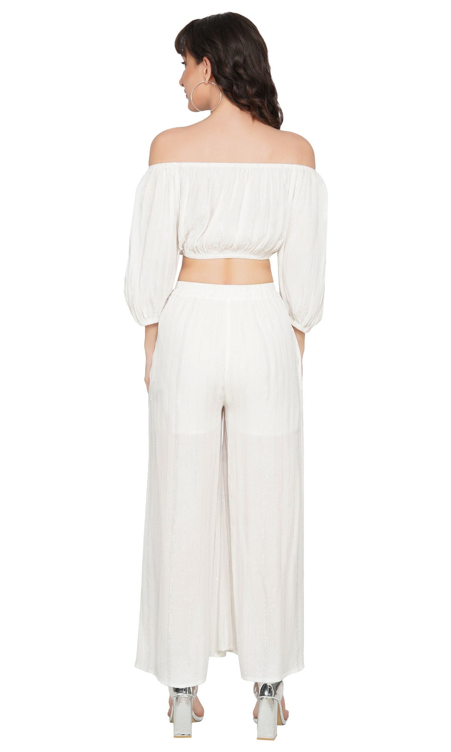 SLAY. Women's White Lurex Off Shoulder Strapless Crop Top With Palazzo Co-ord Set-clothing-to-slay.myshopify.com-Off Shoulder Crop Top With Palazzo Set