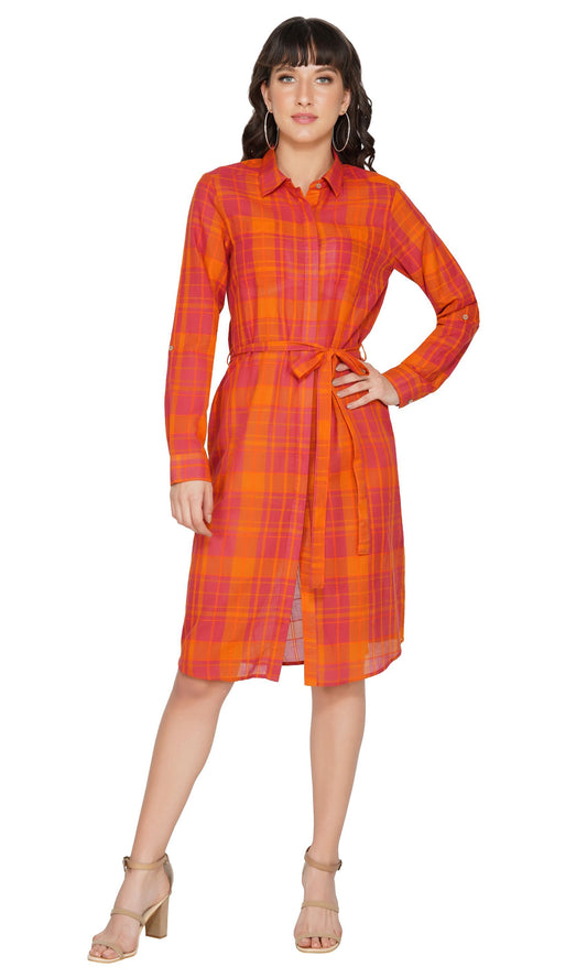 SLAY. Women's Red-Orange Check Plaid Shirt Dress-clothing-to-slay.myshopify.com-Shirt Dress