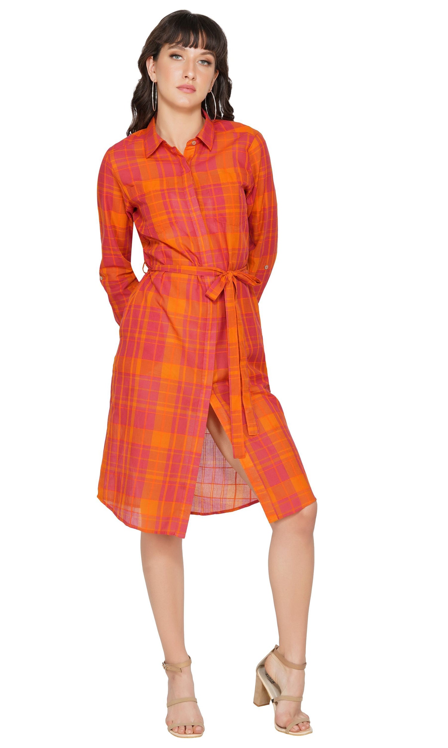 SLAY. Women's Red-Orange Check Plaid Shirt Dress-clothing-to-slay.myshopify.com-Shirt Dress