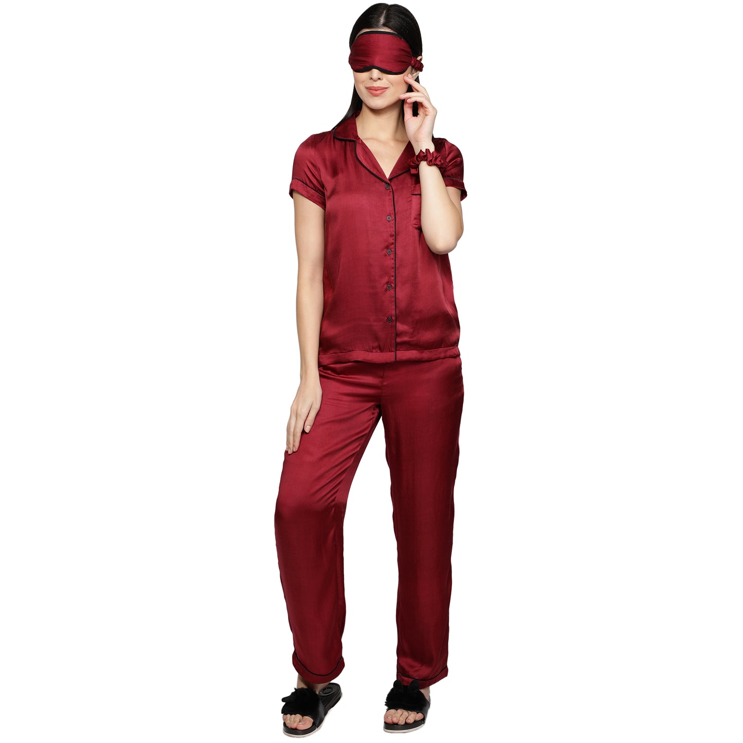 SLAY. Women's Cherry Red color Half Sleeve Button Up Shirt & Pyjama Coord Set with matching Eye mask & Ruffle-clothing-to-slay.myshopify.com-Nightwear Dress