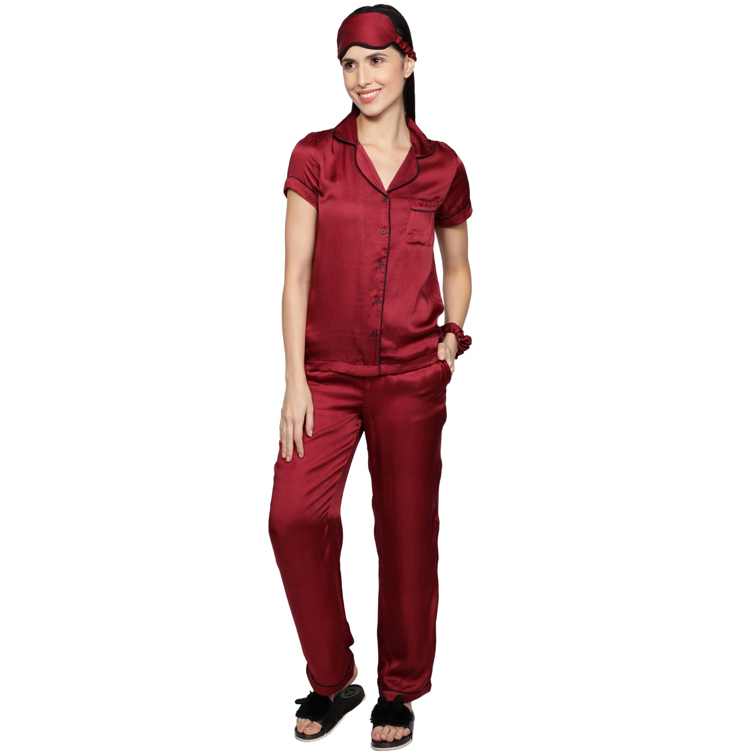 SLAY. Women's Cherry Red color Half Sleeve Button Up Shirt & Pyjama Coord Set with matching Eye mask & Ruffle-clothing-to-slay.myshopify.com-Nightwear Dress