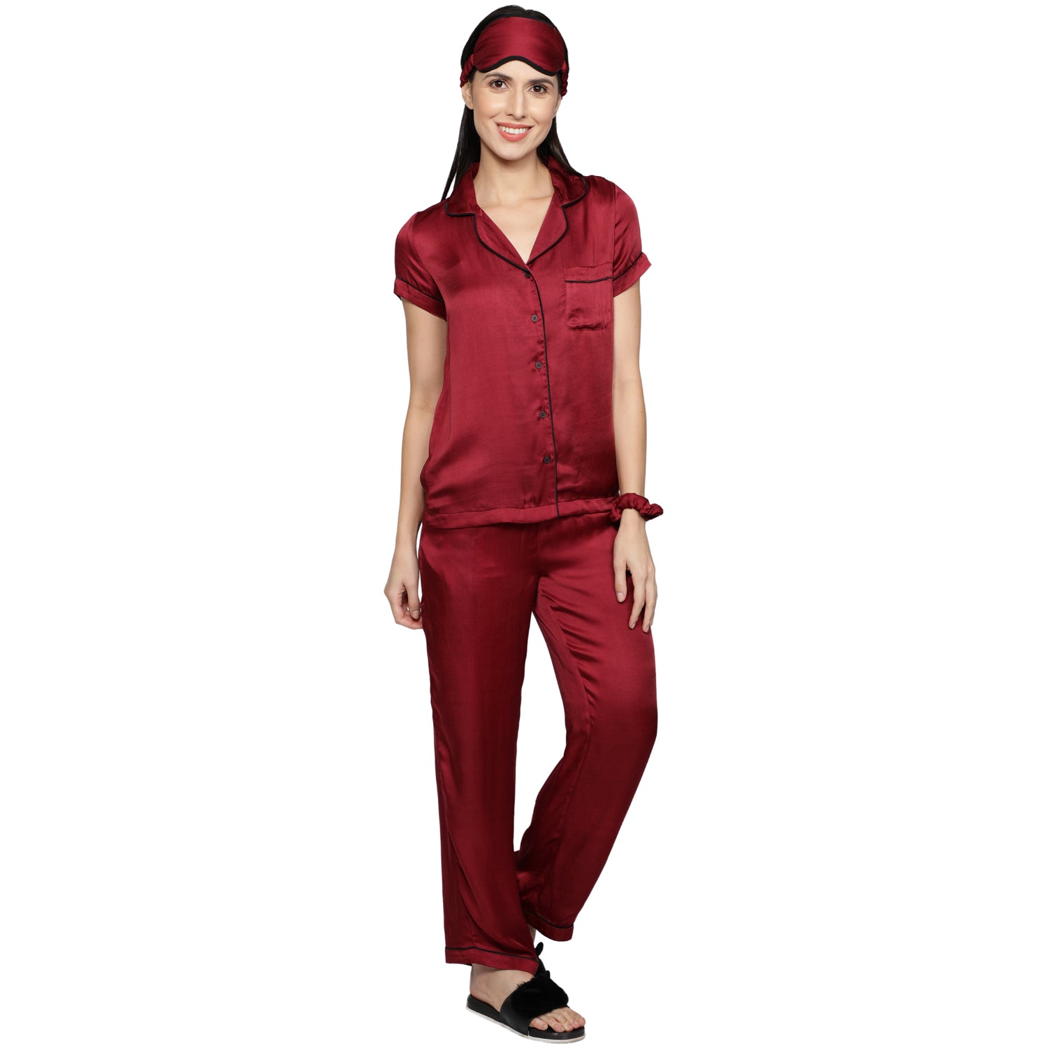 SLAY. Women's Cherry Red color Half Sleeve Button Up Shirt & Pyjama Coord Set with matching Eye mask & Ruffle-clothing-to-slay.myshopify.com-Nightwear Dress